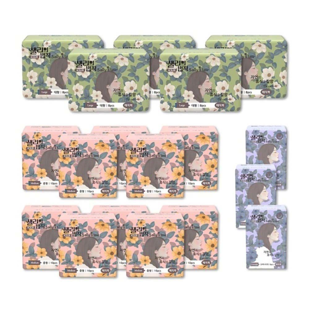 [SALLY'S LAW] Sanitary Pads Signiture Magic Quick Medium 10packs+Large 5packs+Overnight 3packs - 100% PLA Cover, Cushioned comfort, Eucalyptus Scent - Made in Korea